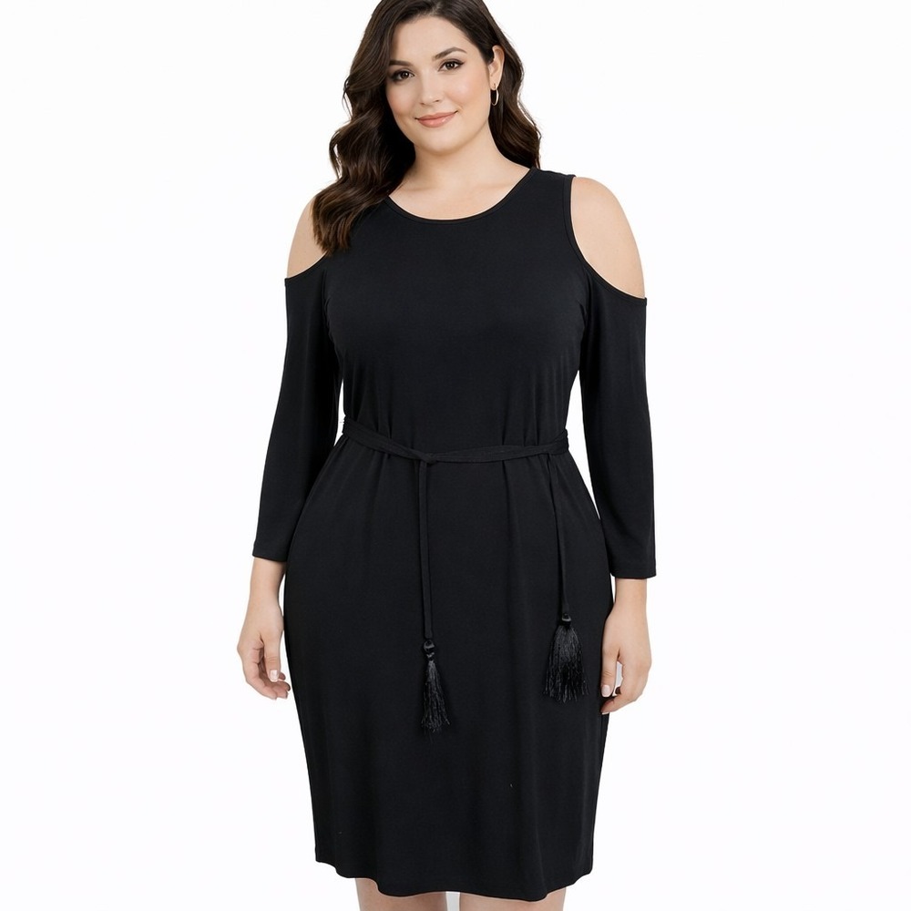 CALVIN KLEIN Size 4 Tasseled Cold Shoulder Long Sleeve Belted Little Black Dress
